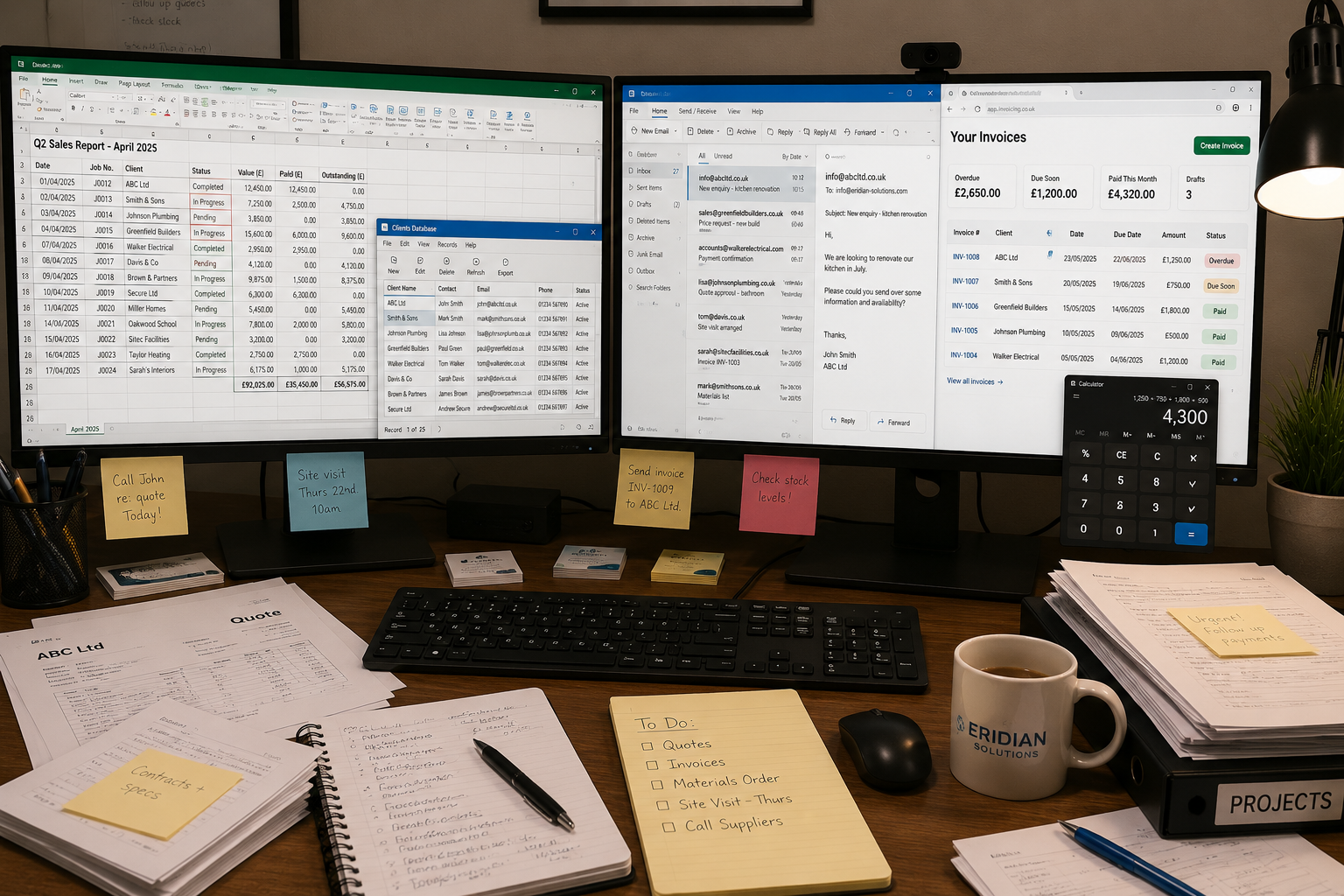 A busy desk with spreadsheets, emails, notes, invoices, and paperwork spread across multiple systems